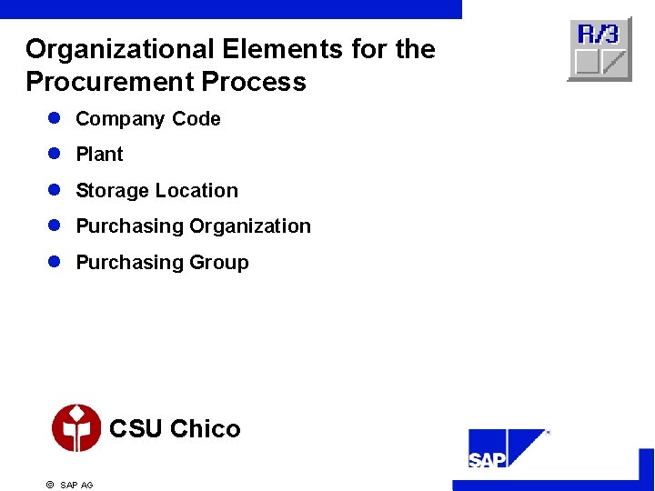 Organizational Elements for the Procurement Process l Company Code l Plant l Storage Location