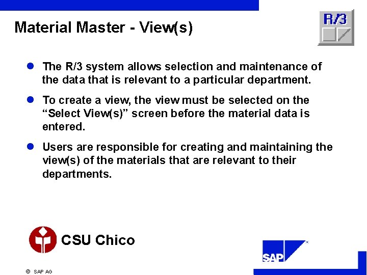 Material Master - View(s) l The R/3 system allows selection and maintenance of the