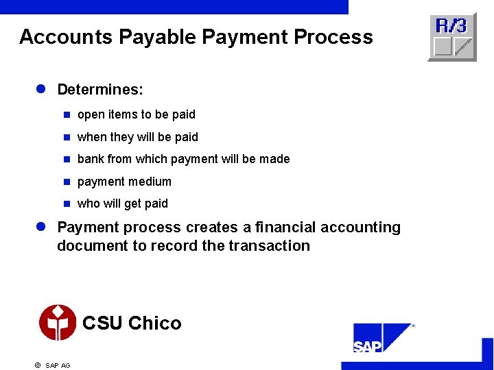 Accounts Payable Payment Process l Determines: n open items to be paid n when