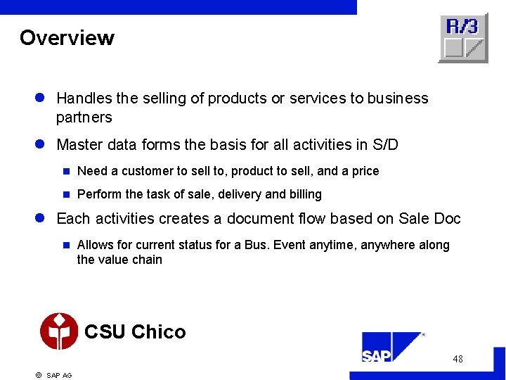 Overview l Handles the selling of products or services to business partners l Master