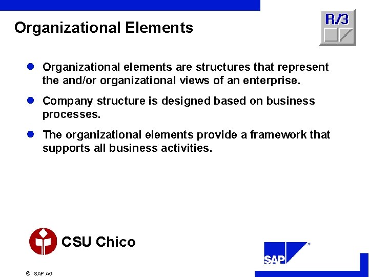 Organizational Elements l Organizational elements are structures that represent the and/or organizational views of