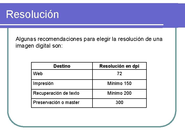 Resolución Algunas recomendaciones para elegir la resolución de una imagen digital son: Destino Web