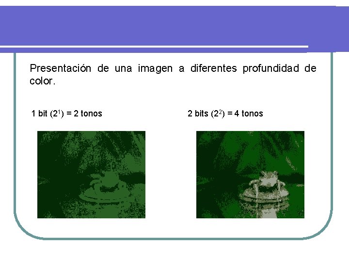 Presentación de una imagen a diferentes profundidad de color. 1 bit (21) = 2