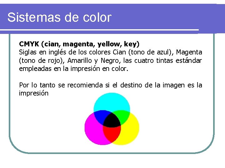 Sistemas de color CMYK (cian, magenta, yellow, key) Siglas en inglés de los colores