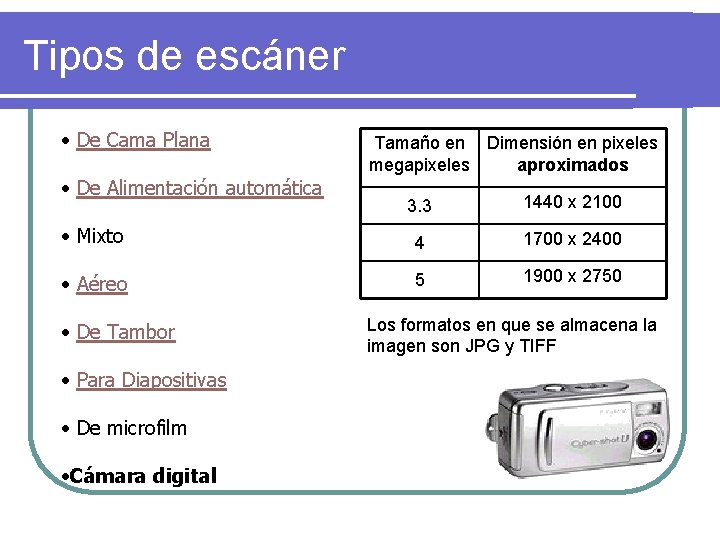 Tipos de escáner • De Cama Plana • De Alimentación automática Tamaño en Dimensión