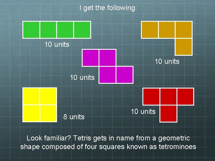 I get the following: 10 units 8 units 10 units Look familiar? Tetris gets
