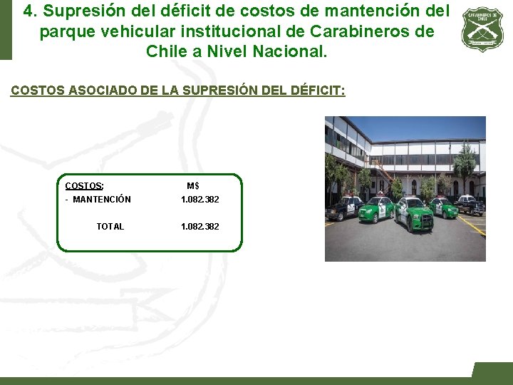 4. Supresión del déficit de costos de mantención del parque vehicular institucional de Carabineros