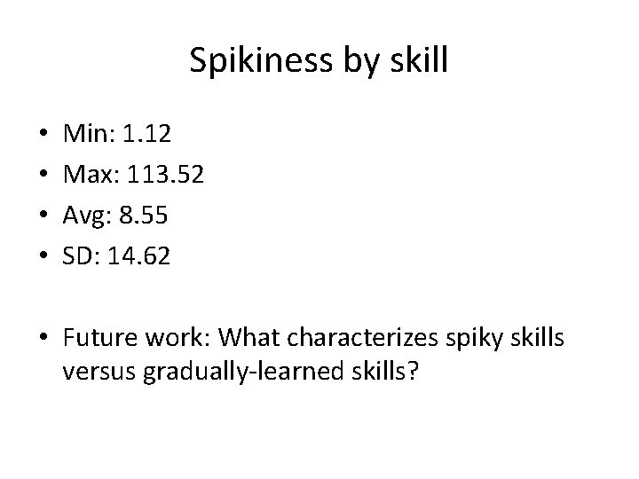 Spikiness by skill • • Min: 1. 12 Max: 113. 52 Avg: 8. 55