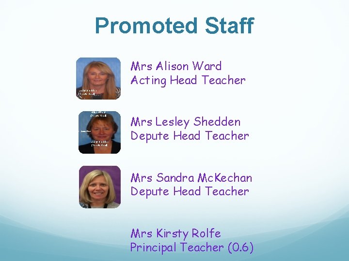 Promoted Staff Mrs Alison Ward Acting Head Teacher Lesley Shedden (Depute Head) Alison Ward