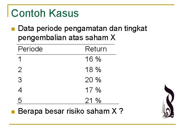 Contoh Kasus n Data periode pengamatan dan tingkat pengembalian atas saham X Periode 1