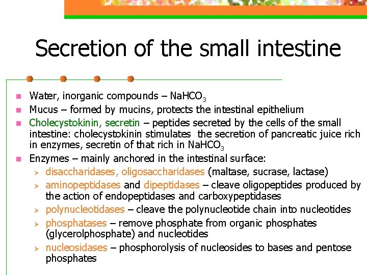 Secretion of the small intestine n n Water, inorganic compounds – Na. HCO 3