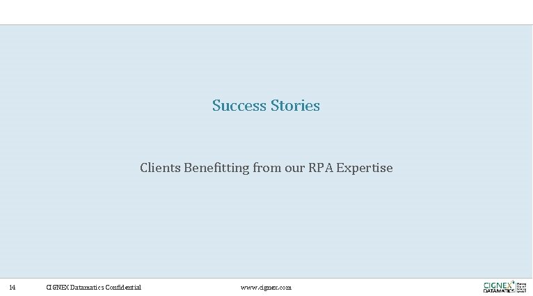 Success Stories Clients Benefitting from our RPA Expertise 14 CIGNEX Datamatics Confidential www. cignex.