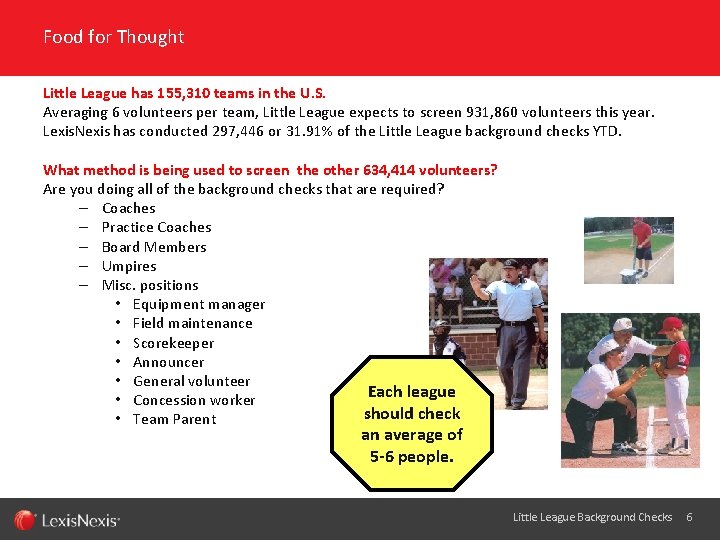 Food for Thought Little League has 155, 310 teams in the U. S. Averaging