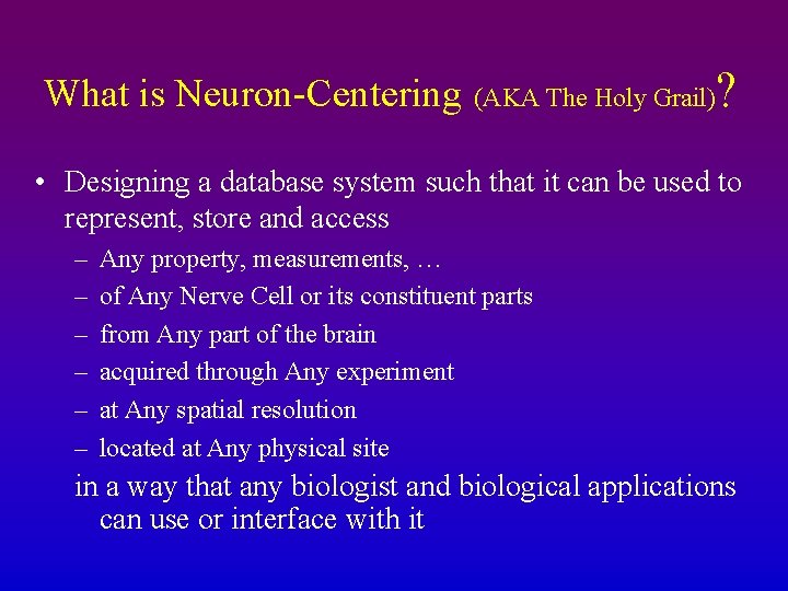 What is Neuron-Centering (AKA The Holy Grail) ? • Designing a database system such