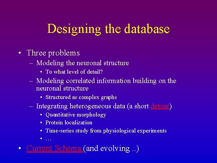 Designing the database • Three problems – Modeling the neuronal structure • To what