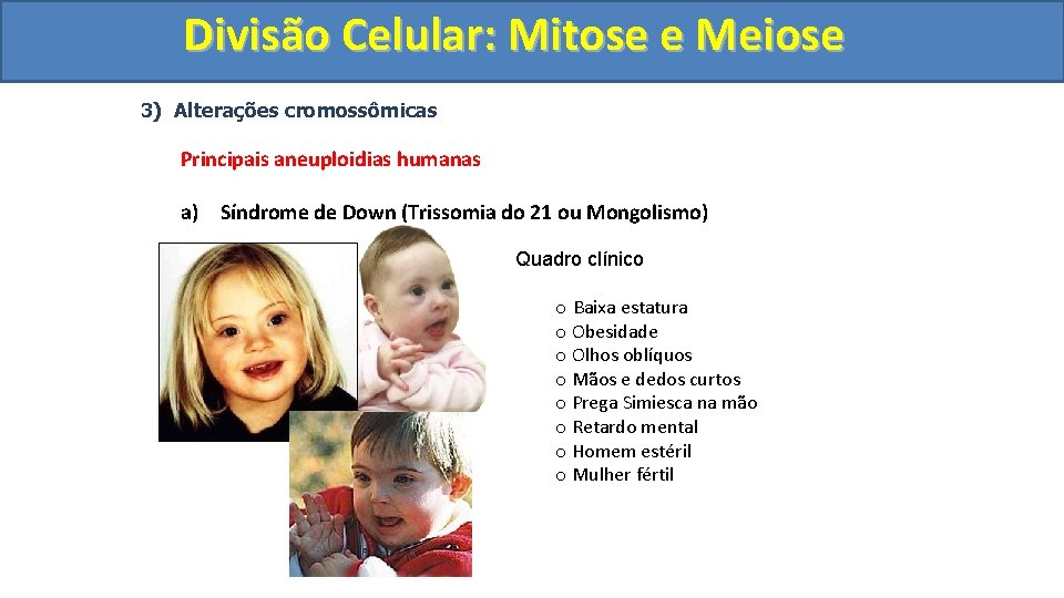 Divisão. Celular: Mitoseee. Meiose 3) Alterações cromossômicas Principais aneuploidias humanas a) Síndrome de Down