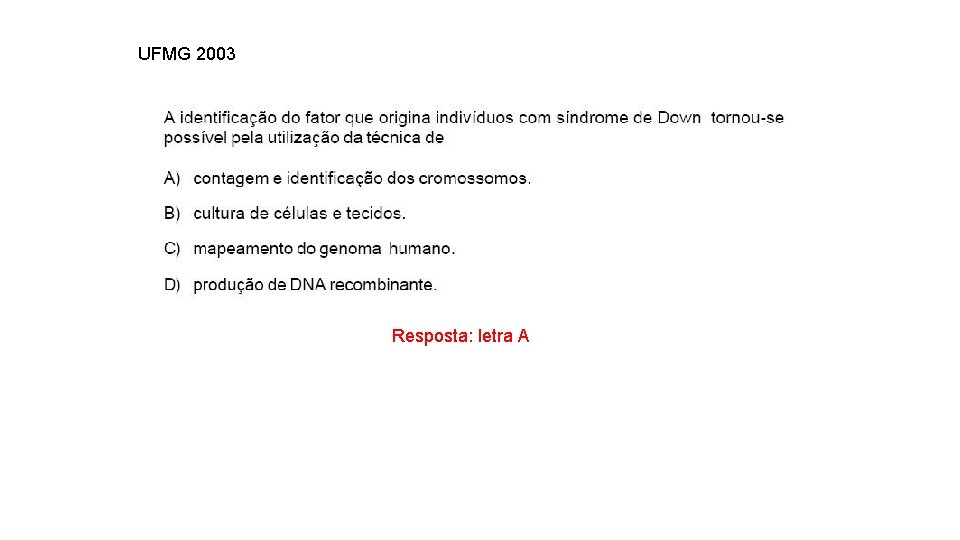 UFMG 2003 INTERFASE QUE PRECEDE A DIVISÃO Resposta: letra A 
