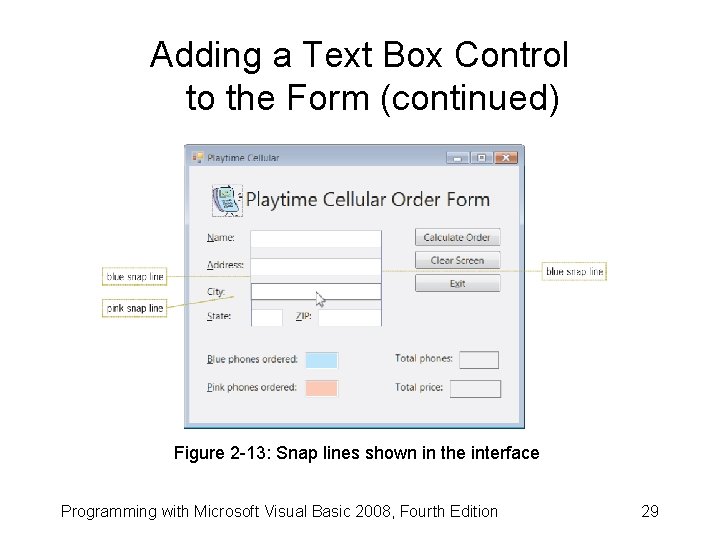 Adding a Text Box Control to the Form (continued) Figure 2 -13: Snap lines