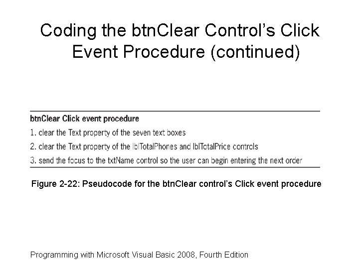 Coding the btn. Clear Control’s Click Event Procedure (continued) Figure 2 -22: Pseudocode for