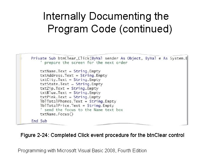 Internally Documenting the Program Code (continued) Figure 2 -24: Completed Click event procedure for