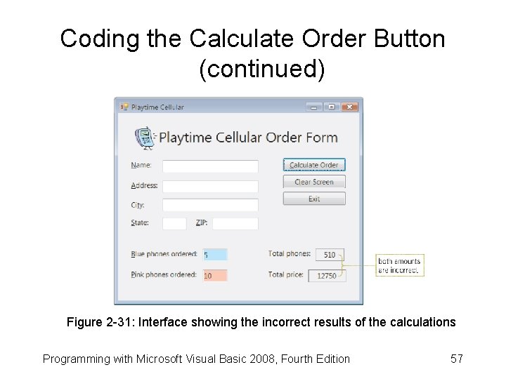 Coding the Calculate Order Button (continued) Figure 2 -31: Interface showing the incorrect results