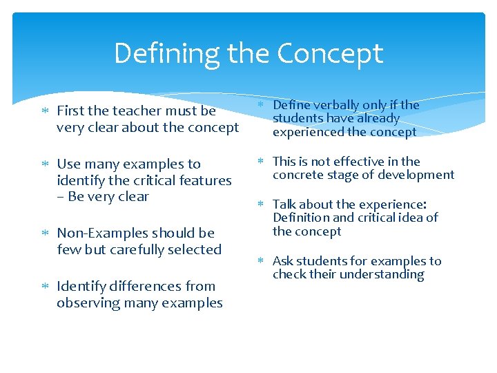 Defining the Concept First the teacher must be very clear about the concept Define