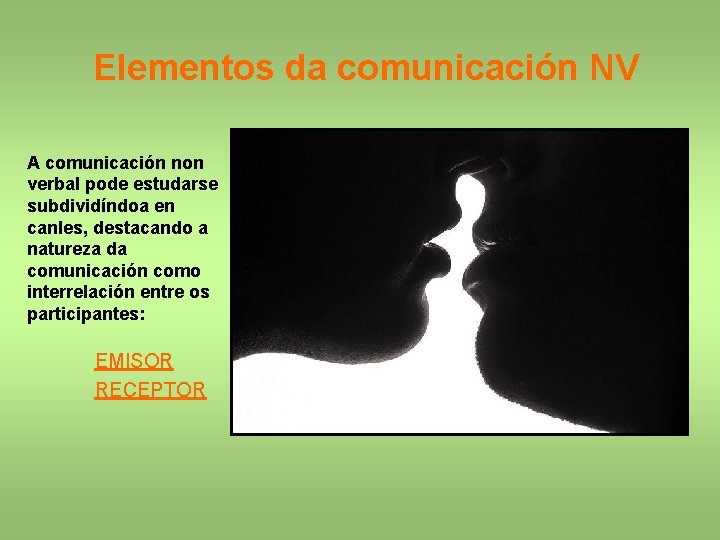 Elementos da comunicación NV A comunicación non verbal pode estudarse subdividíndoa en canles, destacando