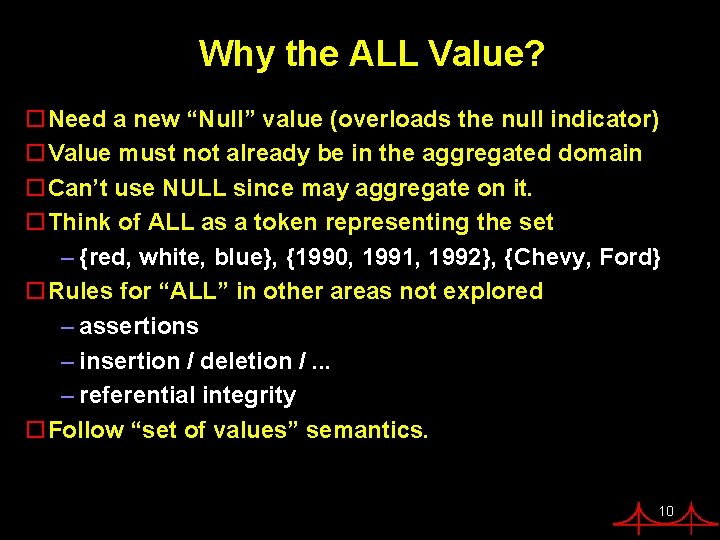 Why the ALL Value? o. Need a new “Null” value (overloads the null indicator) Why the ALL Value? o. Need a new “Null” value (overloads the null indicator)