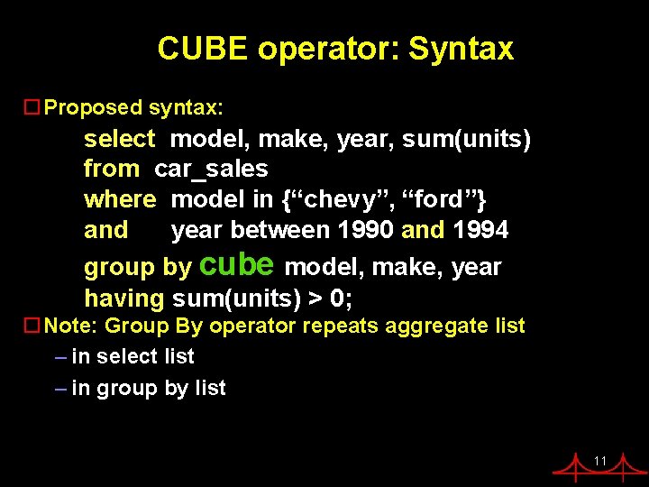 CUBE operator: Syntax o. Proposed syntax: select model, make, year, sum(units) from car_sales where CUBE operator: Syntax o. Proposed syntax: select model, make, year, sum(units) from car_sales where
