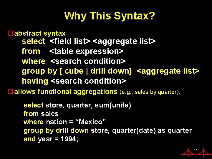 Why This Syntax? oabstract syntax select <field list> <aggregate list> from <table expression> where Why This Syntax? oabstract syntax select <field list> <aggregate list> from <table expression> where