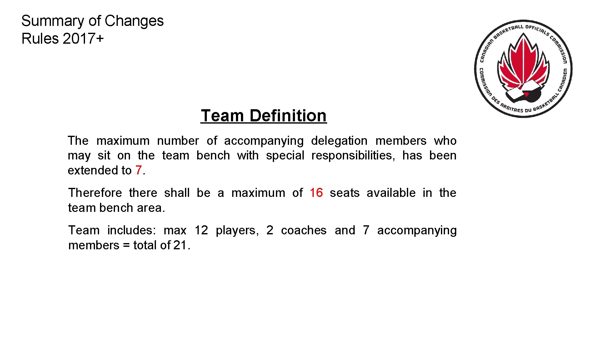 Summary of Changes Rules 2017+ Team Definition The maximum number of accompanying delegation members