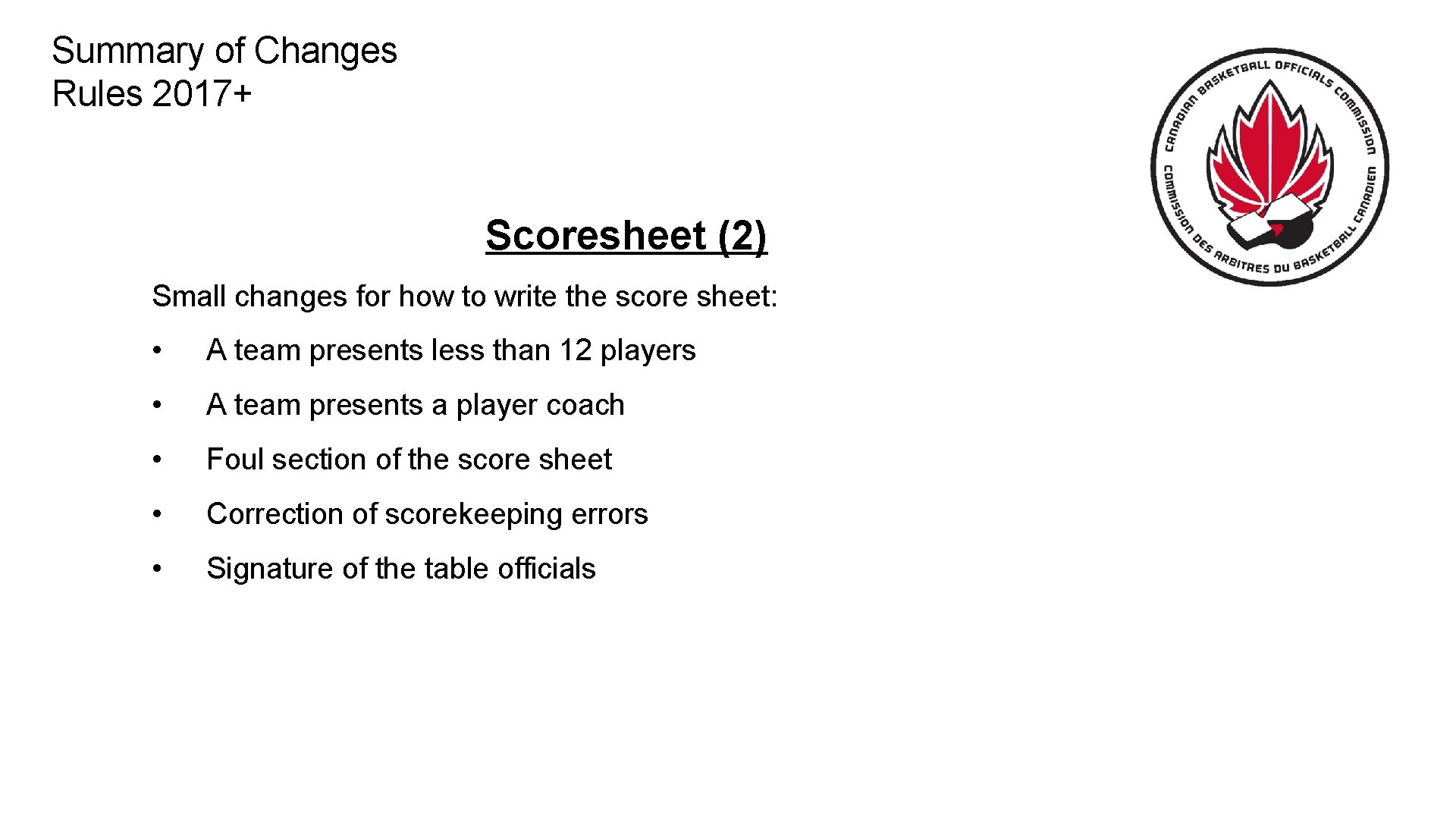 Summary of Changes Rules 2017+ Scoresheet (2) Small changes for how to write the