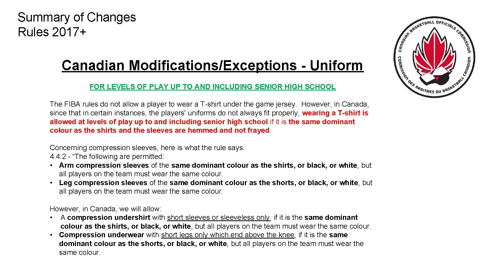 Summary of Changes Rules 2017+ Canadian Modifications/Exceptions - Uniform FOR LEVELS OF PLAY UP