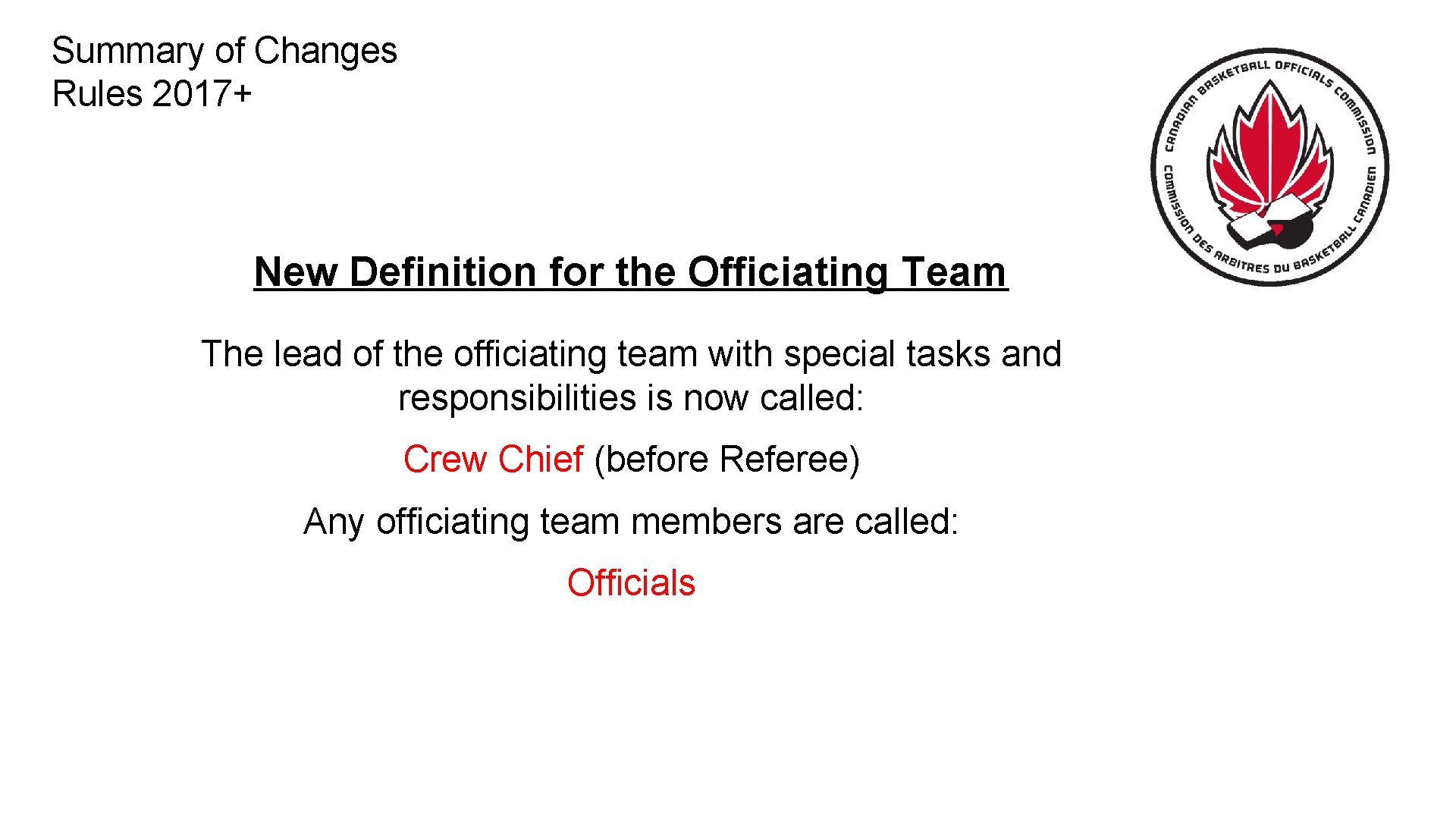 Summary of Changes Rules 2017+ New Definition for the Officiating Team The lead of