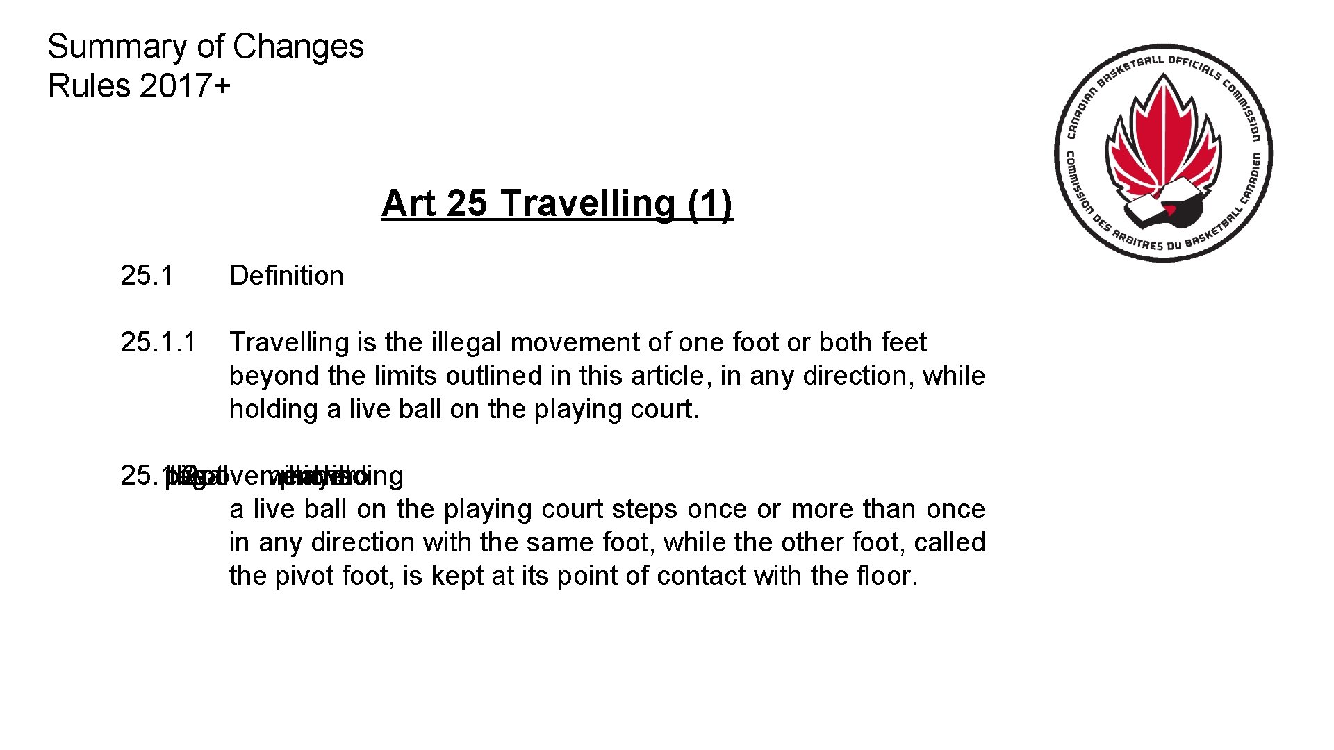 Summary of Changes Rules 2017+ Art 25 Travelling (1) 25. 1 Definition 25. 1.