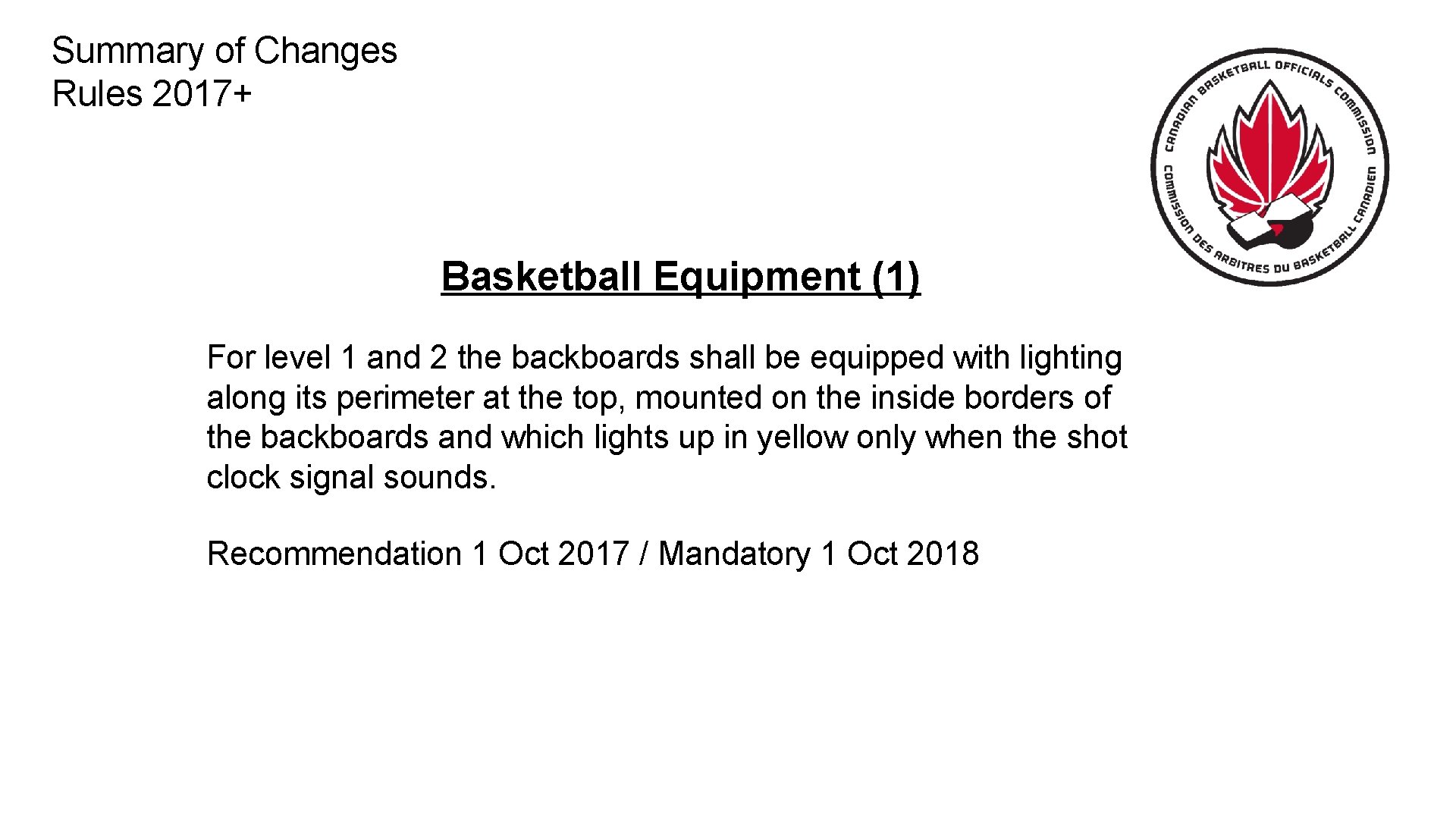 Summary of Changes Rules 2017+ Basketball Equipment (1) For level 1 and 2 the