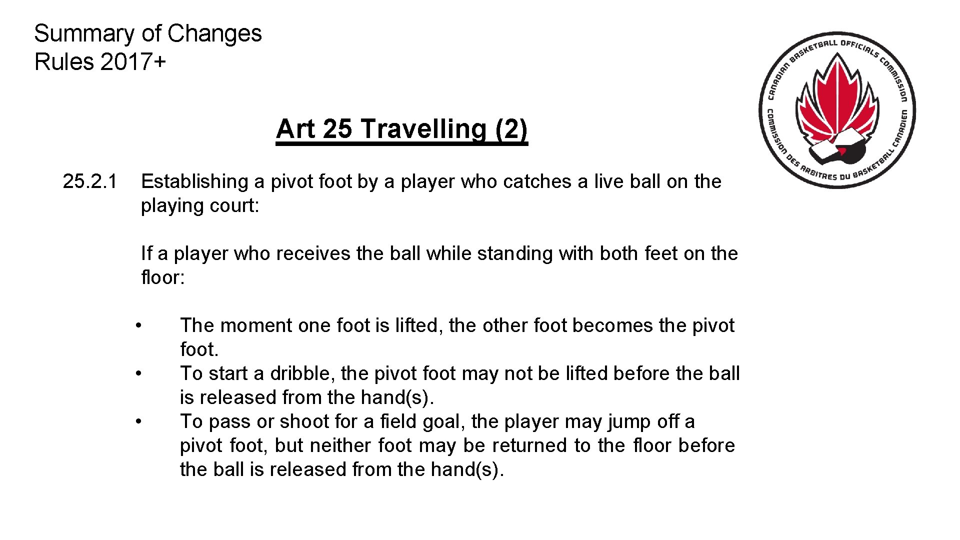 Summary of Changes Rules 2017+ Art 25 Travelling (2) 25. 2. 1 Establishing a