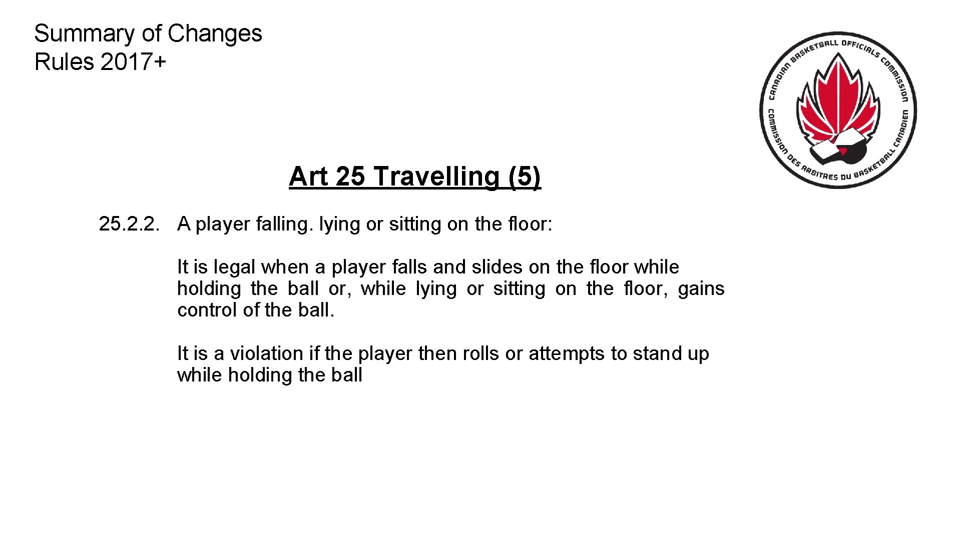 Summary of Changes Rules 2017+ Art 25 Travelling (5) 25. 2. 2. A player