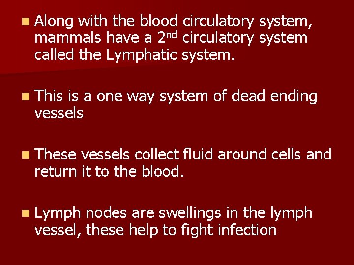n Along with the blood circulatory system, mammals have a 2 nd circulatory system n Along with the blood circulatory system, mammals have a 2 nd circulatory system