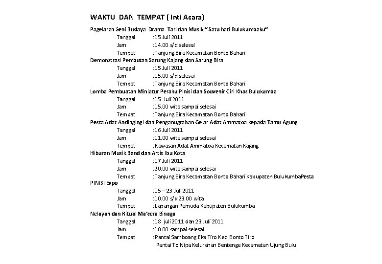 WAKTU DAN TEMPAT ( Inti Acara) Pagelaran Seni Budaya Drama Tari dan Musik “