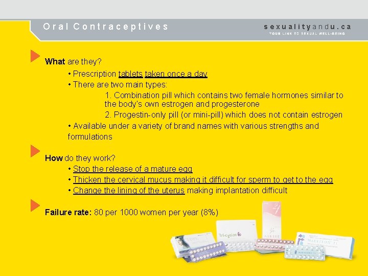 Oral Contraceptives sexualityandu. ca What are they? • Prescription tablets taken once a day