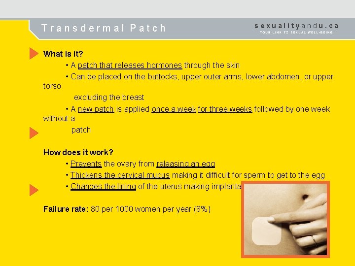 Transdermal Patch sexualityandu. ca What is it? • A patch that releases hormones through