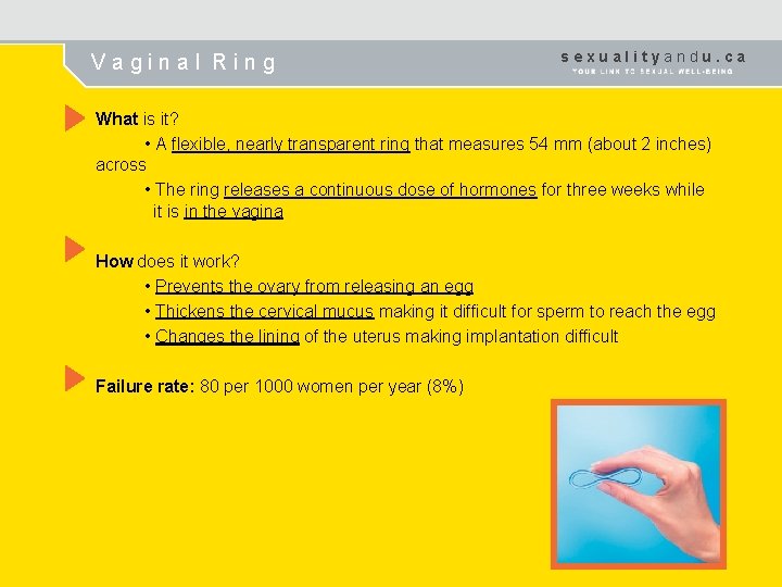 Vaginal Ring sexualityandu. ca What is it? • A flexible, nearly transparent ring that