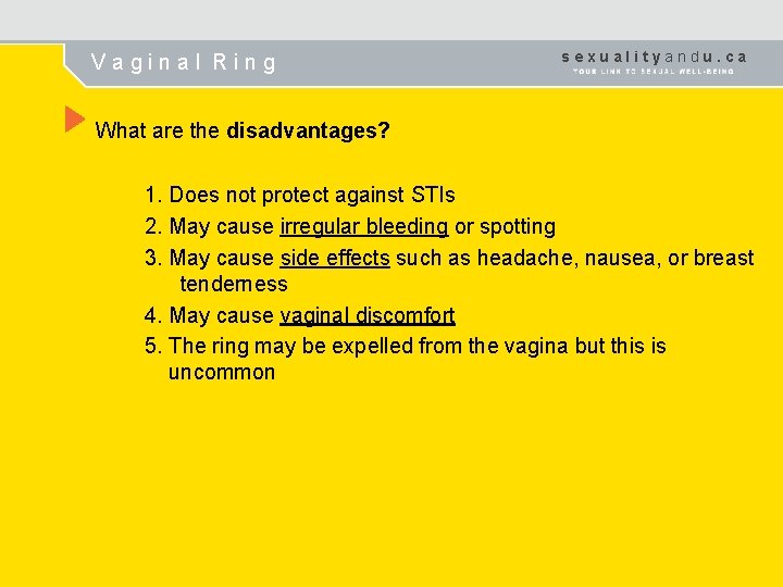 Vaginal Ring sexualityandu. ca What are the disadvantages? 1. Does not protect against STIs