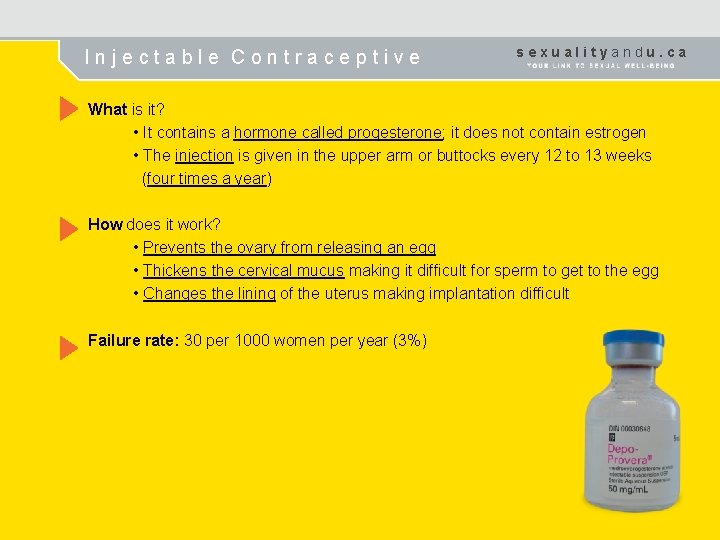 Injectable Contraceptive sexualityandu. ca What is it? • It contains a hormone called progesterone;