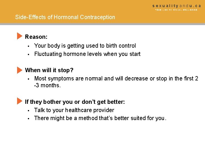sexualityandu. ca Side-Effects of Hormonal Contraception Reason: § § Your body is getting used
