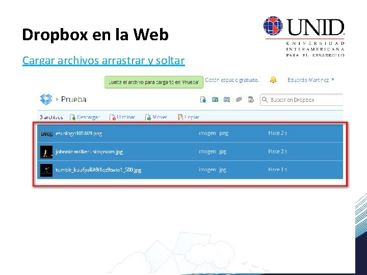 Dropbox en la Web Cargar archivos arrastrar y soltar 