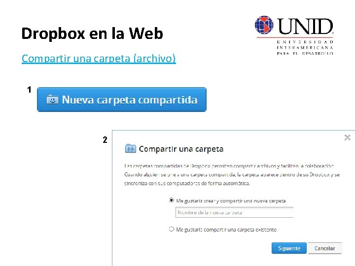 Dropbox en la Web Compartir una carpeta (archivo) 1 2 