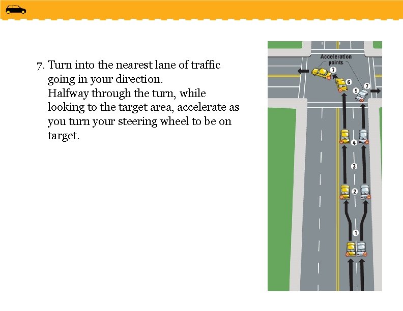 7. Turn into the nearest lane of traffic going in your direction. Halfway through