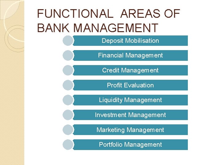 FUNCTIONAL AREAS OF BANK MANAGEMENT Deposit Mobilisation Financial Management Credit Management Profit Evaluation Liquidity